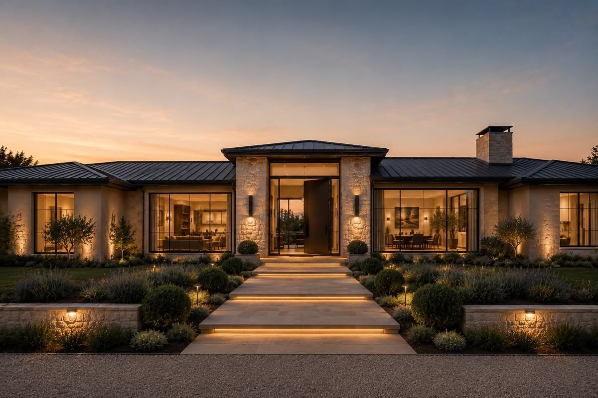 Villa alargada de piedra al anochecer, con el camino de acceso iluminado.